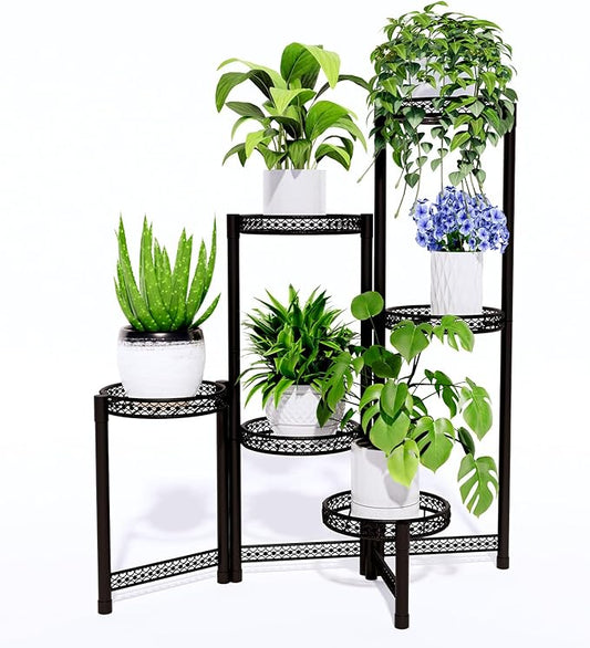 6-Tier Metal Plant Stand Indoor Outdoor - Corner Tall Plant Shelf for Multiple Plants, Foldable Heavy Duty Plant Holder - Decoration flower Stand for House Living Room Balcony Garden Patio - Black