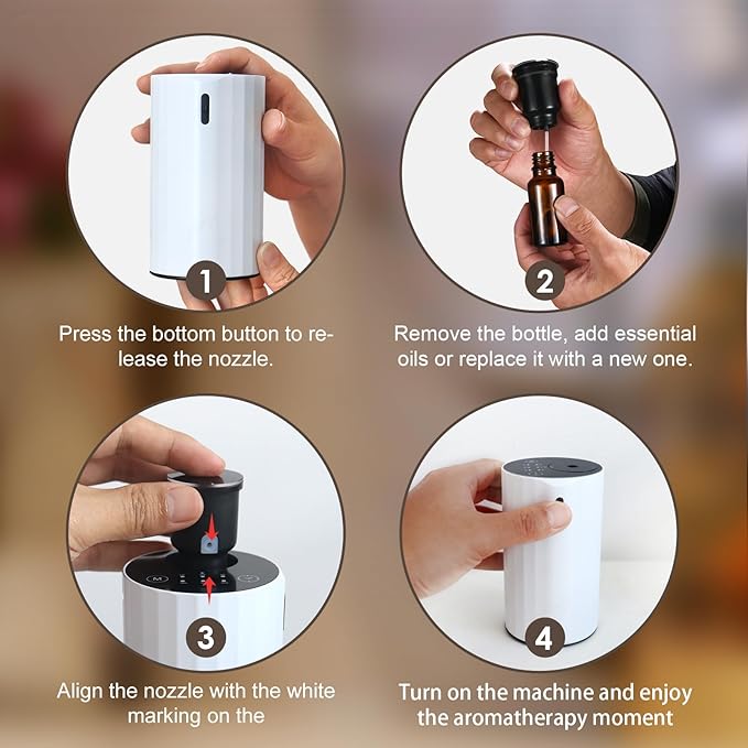 Waterless Essential Oil Diffuser Aromatherapy Scent Diffusers for Home Large Room, Bedroom, Car, Office, Desk, Battery Operated Mini Portable Air Freshener (White)