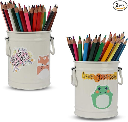 Pen Holder Cup For Desk With 60 Pcs Cute Animal & 50 Pcs Inspirational Stickers,Tinplate Pencil Holder Metal Marker Pen Organizer Desk Accessory Storage for Office Home - Barrel Shape - 2 Pack (White)