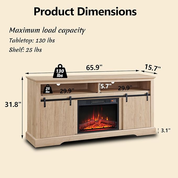 Fluted Fireplace TV Stand for TVs Up to 75 Inch, Modern Entertainment Center with Waveform Panel Sliding Door & Adjustable Shelves, Media Console for Living Room (Natural)