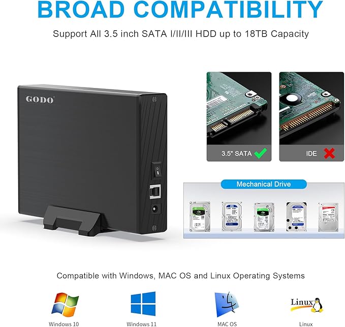 GODO USB 3.0 to 3.5 Inch Hard Drive Enclosure, Vertical External Hard Drive Docking with Stand for 3.5 inch SATA HDD SSD, Aluminum Alloy Drive Case Support Up to 18TB with UASP,Power Adapter