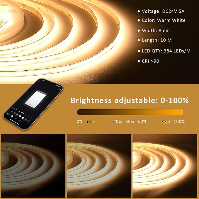 INDARUN COB Led Strip Light Warm White 3000K Dimmable, 32.8ft/10M Led Tape Light for Room Decor, 24V COB Led Strip, APP Control, Cuttable Led Light Strip for Shelf Lights, Bedroom