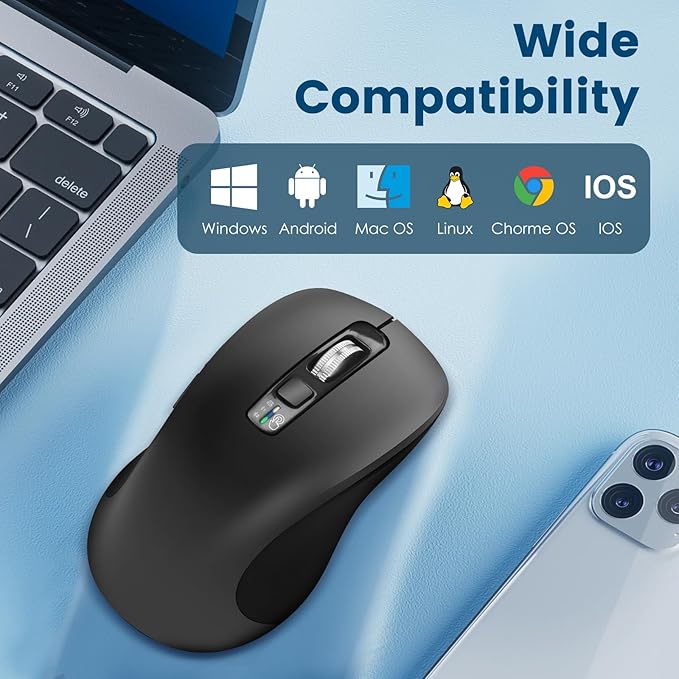 Wireless Bluetooth Mouse (USB + BT1 + BT2), Full Size, 4-Way Scrolling, Multi-Device Silent Mouse for Computer, Laptop, iPad, MacBook (Grey)