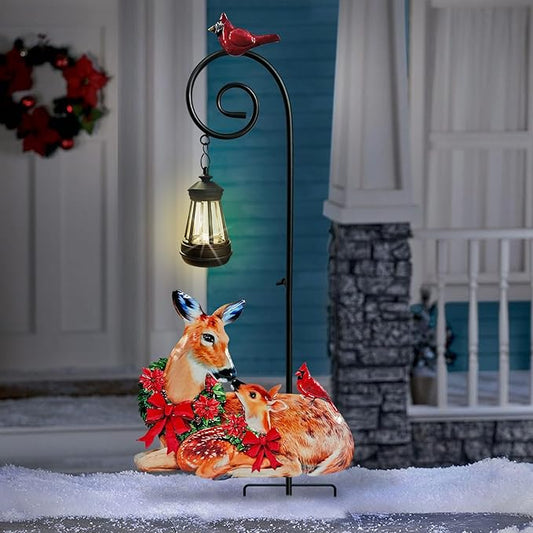 Deer Metal Garden Stake with Solar Lantern,Christmas Decorations Outdoor Waterproof Sloar Lights Outside,Doe and Fawn Outdoor Statue