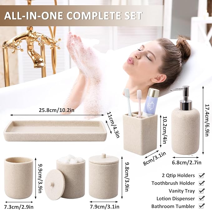 Resin 6 Pcs Beige Bathroom Set Complete with Toothbrush Holder, Lotion Soap Dispenser, 2 Qtip Holder Dispensers,Vanity Tray,Bathroom Tumbler - Countertop Vanity Organizer - Bathroom Accessories Set