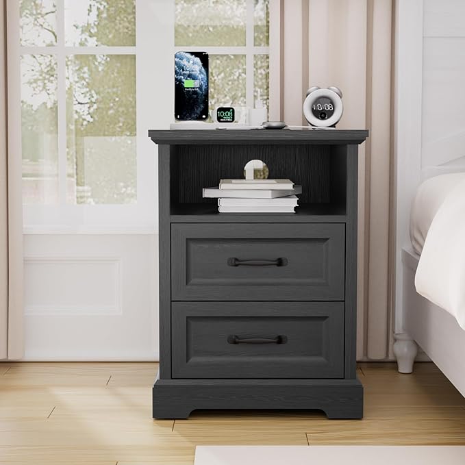 HOMMPA 18'' Farmhouse Nightstand with Charging Station, Bedside Tables with Storage, Bed Side End Table with Open Shelf, 2 Drawers Wood Night Stand Dresser for Bedroom, Living Room, Black