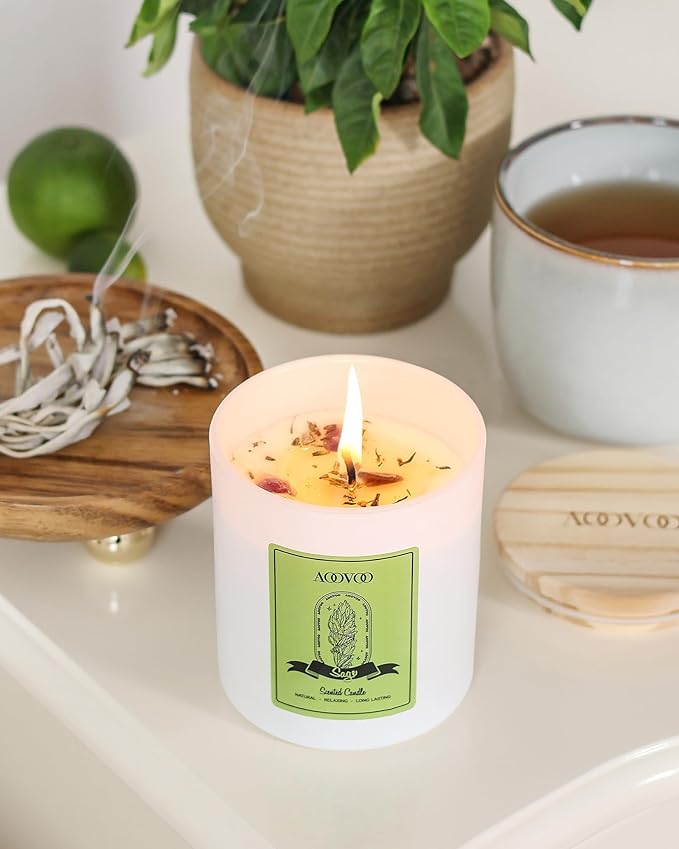 AOOVOO Sage Scented Candles for Women - Aromatherapy Candle with Crystals Inside, 10oz Soy Candles for Home Scented, Birthday Gifts Mothers Day Candle for Women Mom