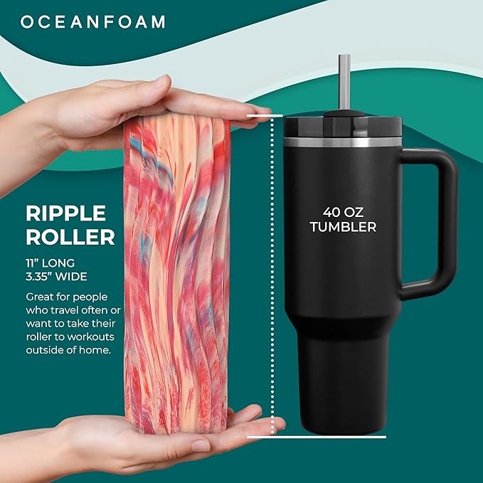 Oceanfoam Ripple Travel Foam Roller (11" x 3.35") Firm Mini Foam Roller for Physical Therapy, Deep Tissue Massage, Back Pain - High Density, Ergonomic Wave Textured - Yoga, Exercise (Cotton Candy)