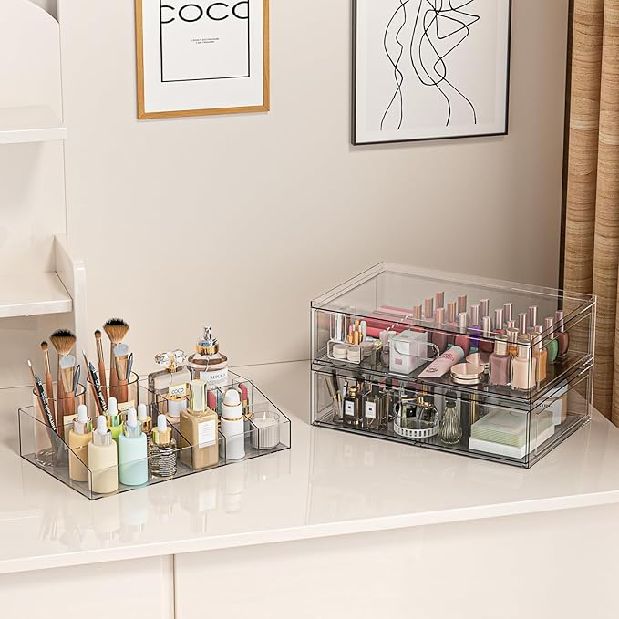 Clear Stackable Makeup Organizer with Drawer, 12''W Acrylic Storage Drawers, Cosmetic Display Case for Vanity Bathroom Countertop, Beauty Holder for Lipstick Brush Skincare Perfume