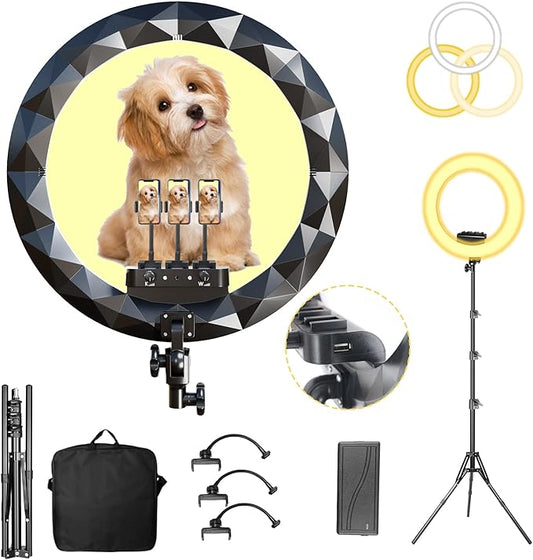Ring Light with Stand, 19in LED Selfie Circle Light, Max 8ft/2.5m Tripod Stand, 3 Holders for iPhone, Remote Control, 6300K Color Temperature for Live Streaming, Barber, Makeup, YouTube, Tiktok
