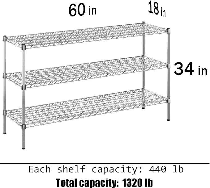 18" Deep x 60" Wide x 34" Height Wire Shelving Kit | 3-Tier | NSF Commercial Storage Rack Unit