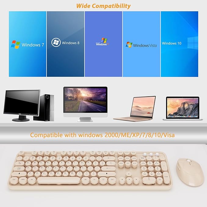 Kootop Wireless Keyboard and Mouse Combo, Cute Colorful 104 Keys Typewriter Retro Round Keycaps Keyboard for PC Laptop,Desktop,Windows, Home and Office Keyboards Coffee