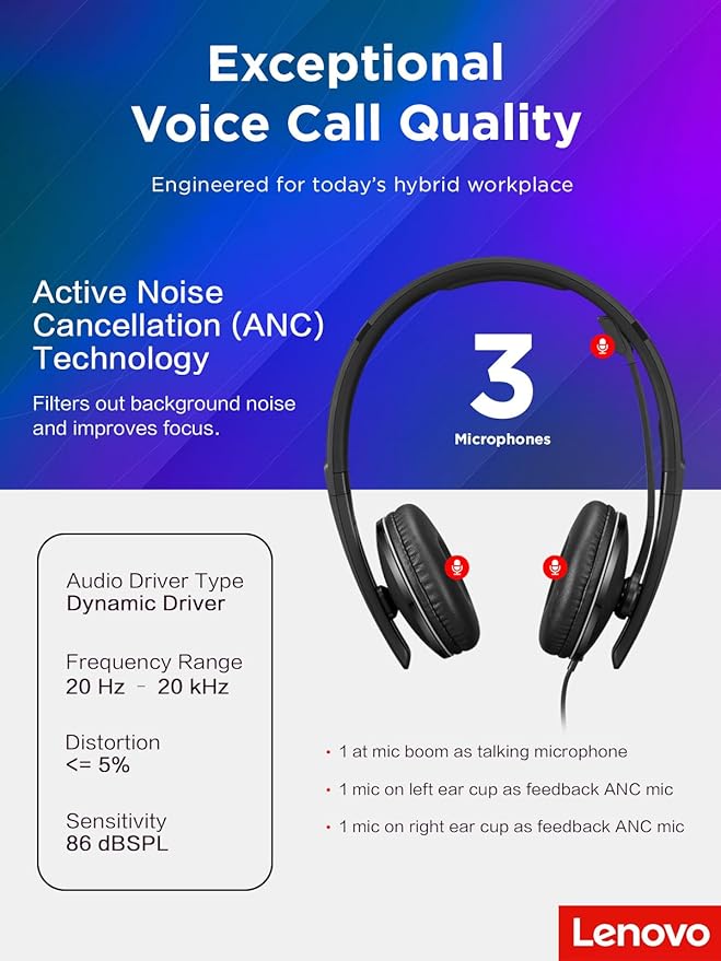Lenovo Wired ANC Headset, USB-C and USB-A connectivity, Zoom Certified, Active Noise Cancellation, Hearing Protection, 145g Lightweight Comfortable Design, Replaceable Earcups, Business Headset