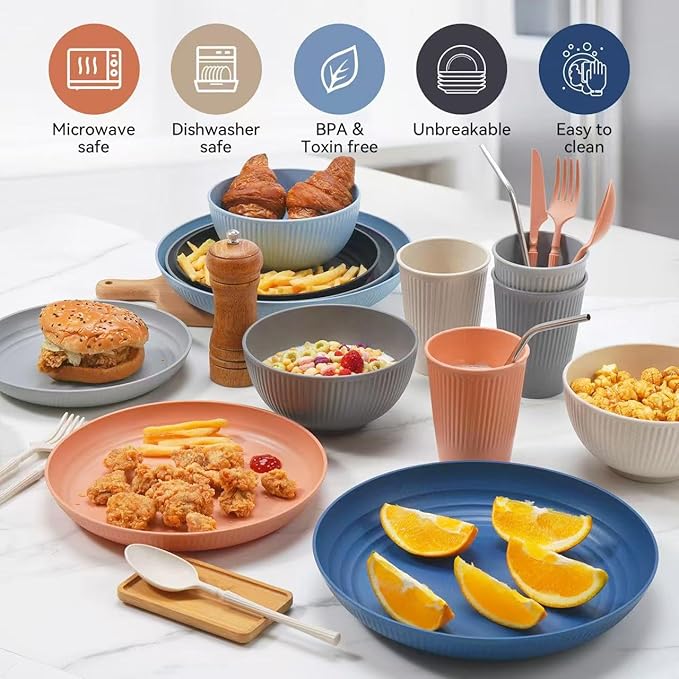 Wheat Straw Dinnerware Sets,64-Piece Plates and Bowls Sets for 8-Unbreakable,Reusable Plastic Dish Set-Dinner Plate/Dessert Plate/Bowl/Cup/Utensils-Microwavable Dishwasher Safe 64P-Coral Orange