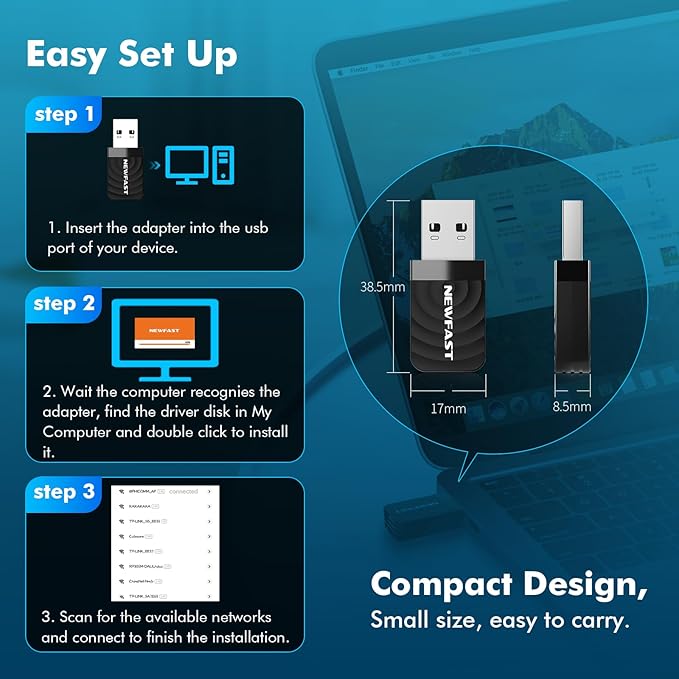 NEWFAST AC1300 USB WiFi Adapter for Desktop PC NF-U323V2, 2.4G/5G Dual Band Wireless Network Adapter,WPA3, MU-MIMO, Nano WiFi Dongle Supports Windows 8/8.1/10/11(64bit),Mac 10.11-10.15