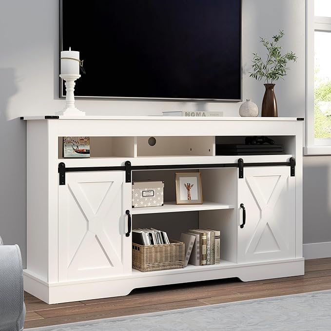 RoyalCraft TV Stand for 65+ Inch TV: Farmhouse Entertainment Center with Storage, Wood TV Console Cabinets with Sliding Barn Door, Tall Media with Adjustable Shelves for Living Room, Coastal Fog