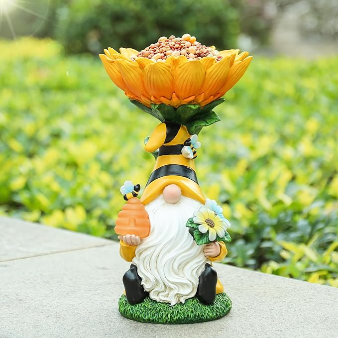 MUMTOP Garden Gnome Statue with Sunflower Birdbath Birdfeeder Outdoor Decor, Resin Summer Bee Gnome Holding Honey Jar with Solar LED Light Waterproof Garden Sculpture for Yard Lawn Decorations