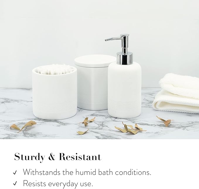 ZCCZ White Bathroom Accessories Set 6 Pieces - Toothbrush Holder, Lotion Dispenser, Qtip Container, Vanity Tray, Tumbler - Countertop Organizer for Bathrooms - Elegant and Functional Décor Set