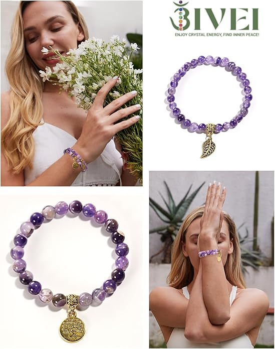 Bivei Natural Semi Precious Gemstone beads bracelet for women - Life Tree and Leaf Charm Energy Reiki Crystal Stretch Bracelets