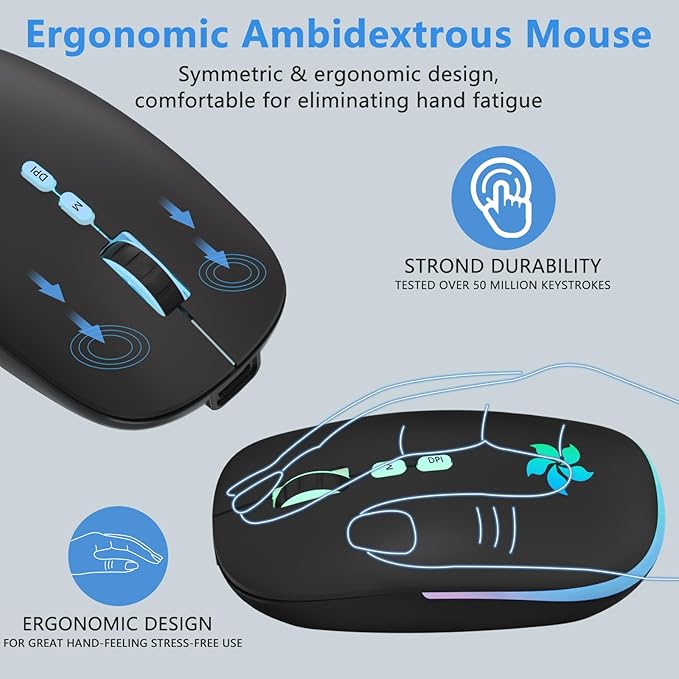 KARFUN Wireless Mouse, 2.4GHz & Bluetooth Two Mode, 7 Color Breathing Lights Computer Mouse for Laptop/MacBook/PC/Tablet/iPad, Rechargeable (Black)