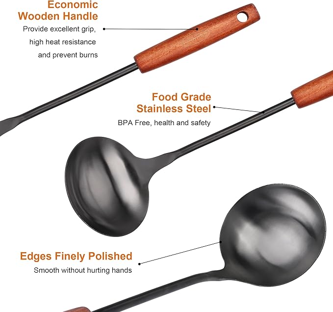FJNATINH Soup Ladle, Food Grade 304 Stainless Steel Ladle, Large Metal Ladel Kitchen Cooking Soup Spoon Tools with Heat Resistant Wooden Handle, Integral Forming 13.8 Inches