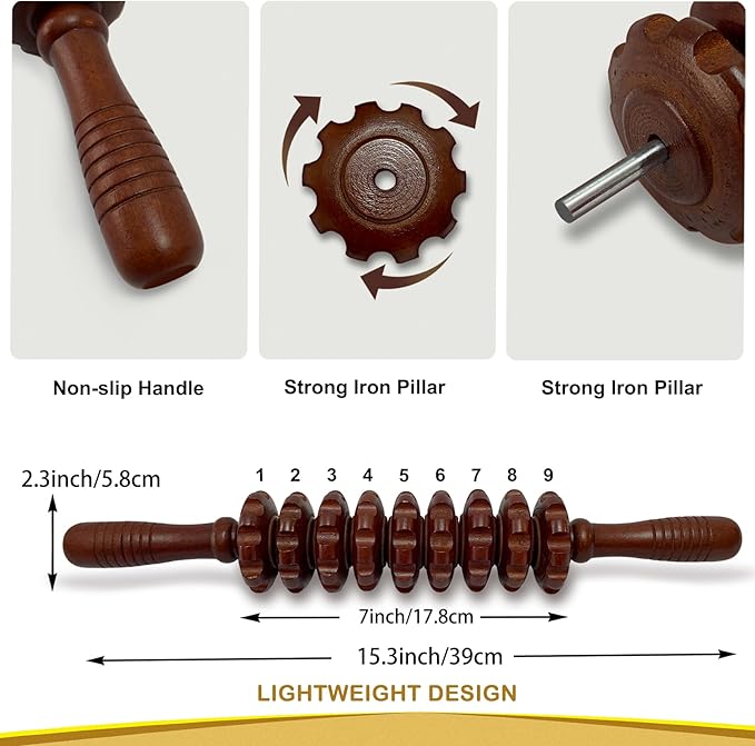 Manual Massager Wooden Handheld Roller Trigger Point Massage Stick for Fascia, Cellulite, Muscle & Abdomen, Body Therapy Massager, Muscle Belly Relief Tool, Coffee