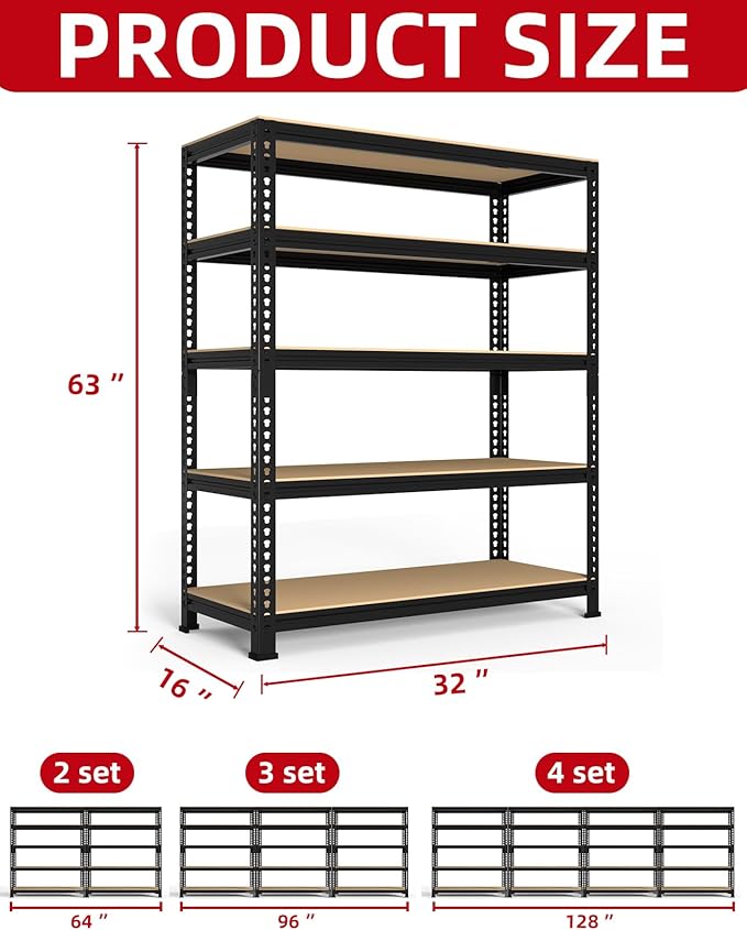 PrimeZone 32"W x 16"D x 63" H Storage Shelves - 4 Pack 5 Tier Adjustable Garage Storage Shelving, Heavy Duty Metal Storage Organizer Utility Rack Shelf Unit for Warehouse Pantry Closet Kitchen, Black