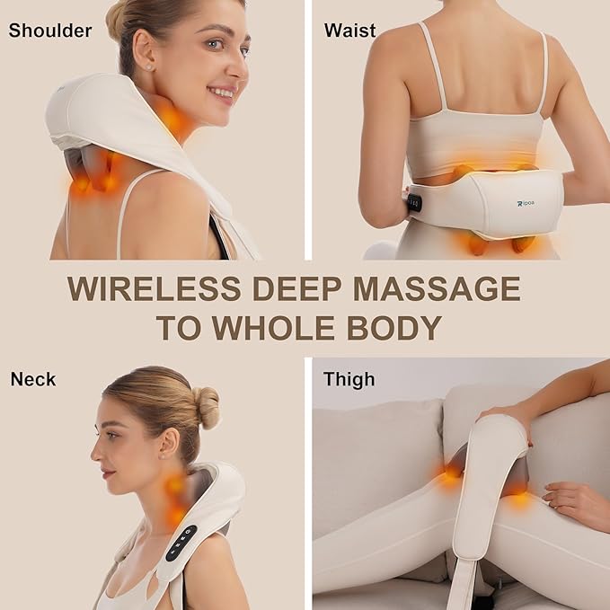 Electric Neck and Shoulder Massager with Heat, Cordless Kneading Back Trapezius Shiatsu Massage Pillows for Pain Relief Deep Tissue Gift Ideals