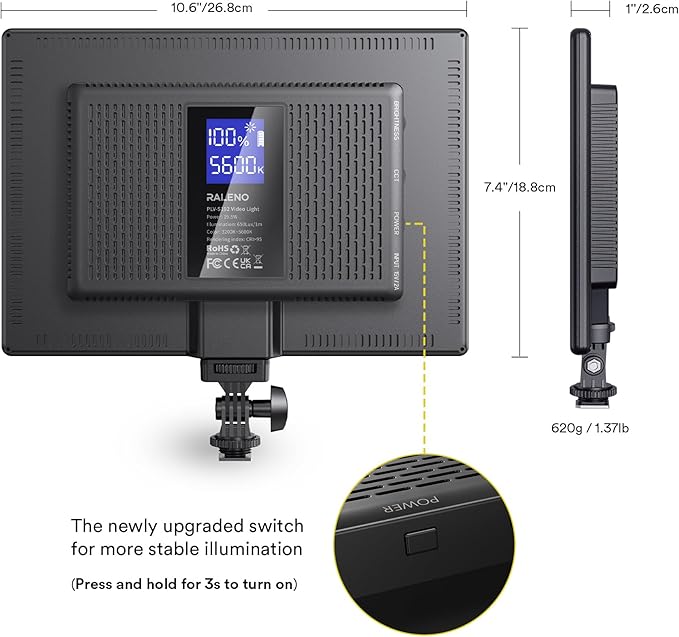 RALENO 19.5W LED Video Soft Light Panel, 650Lux/m Camera Panel Light Built-in 8000mAh Battery, CRI>95 3200-5600K Photography Studio Lights for TikTok YouTube Video Recording Photography Streaming