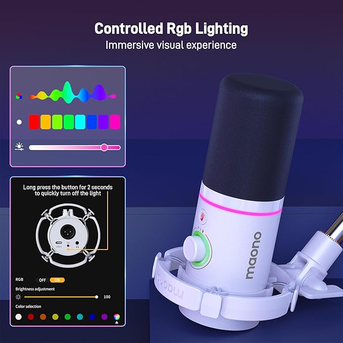 MAONO XLR/USB Dynamic Microphone Kit, RGB Podcast Mic with Software, Mute, Gain Knob, Volume Control, Boom Arm for Streaming, Gaming, Voice-Over, Recording-PD200XS White