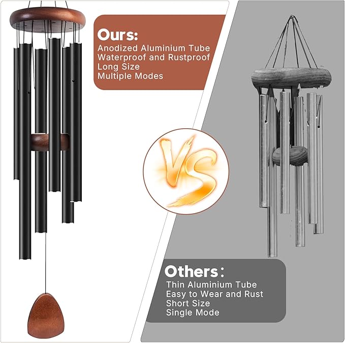 Aluminum Wind Chimes for Outdoor Garden and Yard with Soothing Deep Tones, Creates a Peaceful Ambiance with Sophisticated Wind Catcher, Ideal Calming Gift for Families (Black, 37 Inches)