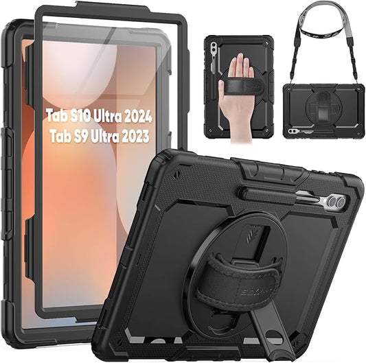 SEYMAC for Samsung Galaxy Tab S10 Ultra 2024/ S9 Ultra/ S8 Ultra Case 14.6 Inch, Heavy Duty Shockproof Protective Case with Screen Protector, Stand, Hand/Shoulder Strap and Pen Holder, Black