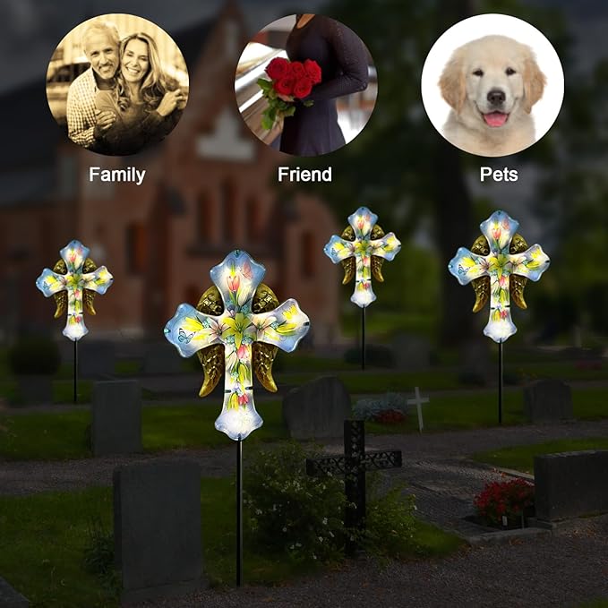 Solar Cross Garden Stake Lights for Outdoor Garden,Cemetery,and Yard Decor,Angel Wings Cross Solar Christmas Lights Outdoor,Memorial Gifts Lily