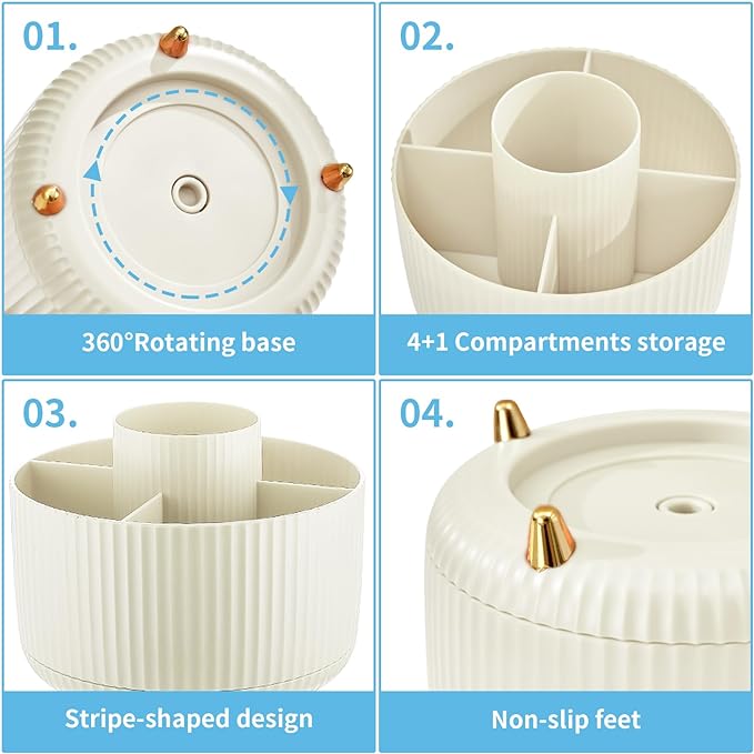 Marbrasse Desk Organizer, 360-Degree Rotating Pen Holder, 5-Compartment Pencil Organizer, Art Supply Storage Box Caddy for Office and Home (Ivory)