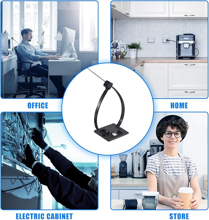 HUASAI 4/5" 100 Pack Zip Tie Mount With Cable Ties,Self Adhesive-backed Mounts for Wire Holder, Black Cable Management Clips Wall Anchors