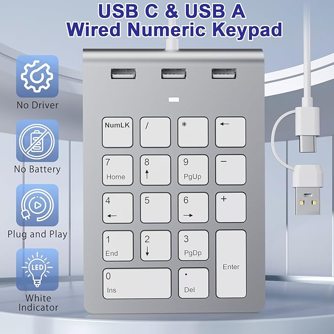 Wired Numeric Keypad USB C/USB A, Ergonomic Mini Number Pad with 3 USB 2.0 Ports, 18 Keys Numpad, Office Calculator Number Pads for Laptop, Desktop, Notebook, PC