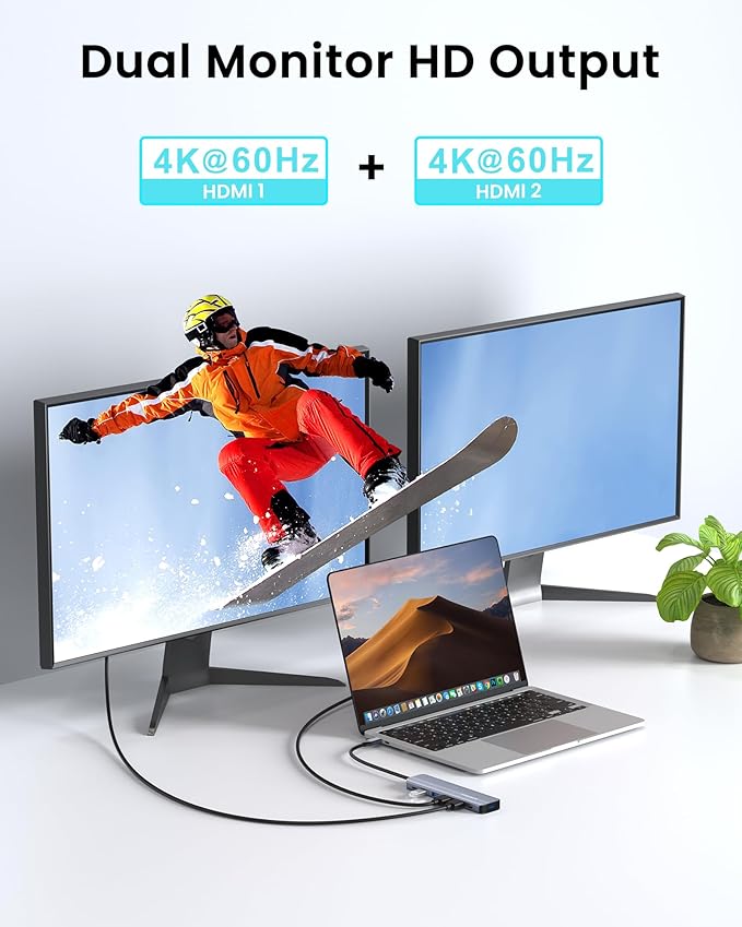 USB C Hub Docking Station Dual Monitor for Laptop, MacBook Air/Pro Dock Adapter Multiport Dongle with 2 HDMI Ports 4K 60Hz, 100W PD Charging, 3 USBA 3.0 & USBC