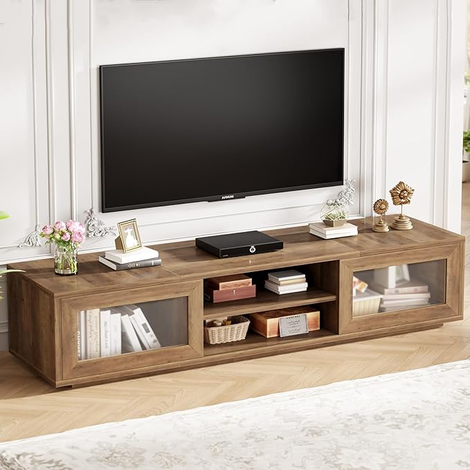HSH 70 inch TV Stand for 75" TV,Entertainment Center for Living Room Under TV Storage Cabinet,Modern TV Media Console Wood with Sliding Doors for Bedroom,Rustic Oak
