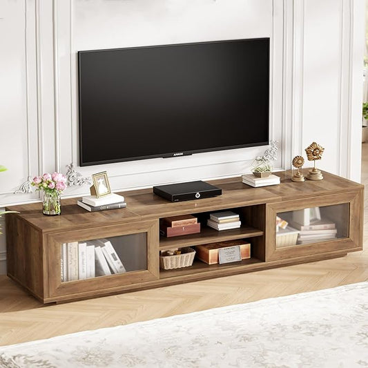 HSH 70 inch TV Stand for 75" TV,Entertainment Center for Living Room Under TV Storage Cabinet,Modern TV Media Console Wood with Sliding Doors for Bedroom,Rustic Oak
