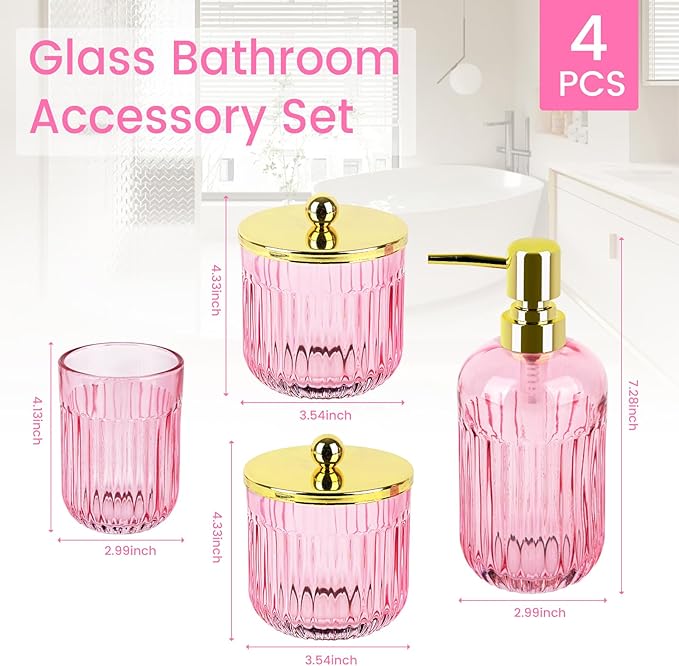 Bathroom Accessories Set,4 Pcs Pink Glass Bathroom Accessories Set with Toothbrush Holder,Lotion Soap Dispenser,2 Qtip Holder Dispensers - Countertop Organizer for Modern Bathroom Decor - Pink