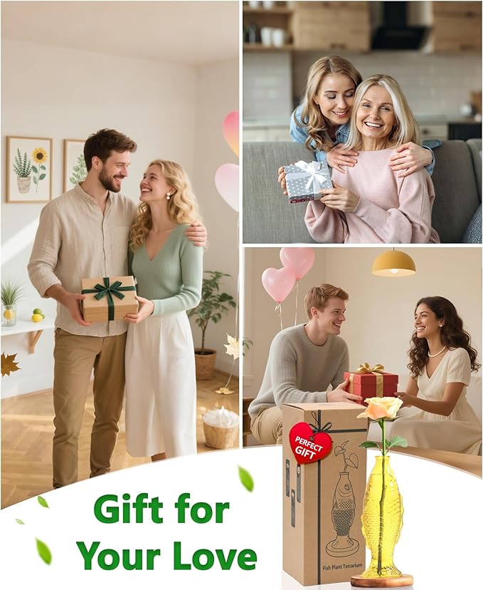 Nacome Fish Vase Glass Plant Terrarium with Wooden Stand,Planter Propagation Station for Home Office Hydroponics Desk Decoration,Unique Gardening Gifts for Plant Lovers Women Mom(Yellow)