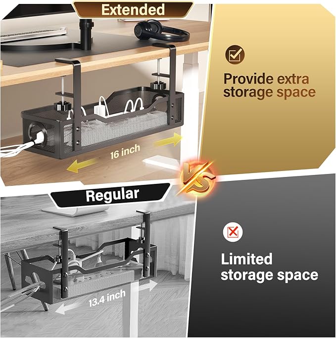 [Upgraded] Under Desk Cable Management Large, Cinati 16" Cable Management Box for Table Thickness up to 3", Wire Cord Organizer with Clamp No Drill, No Damage to Desk(Black)