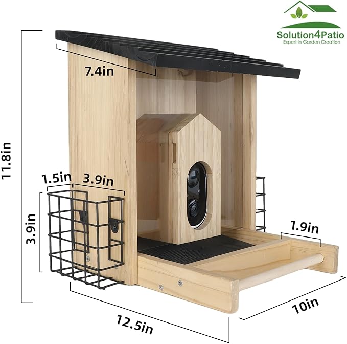 Solution4Patio Wood Solar Powered Bird Feeder with Camera - AI-Powered Bird Identification with Smart Squirrel Alarm, Weatherproof Outdoor Birdfeeder with Suet Baskets for Children & Elderly