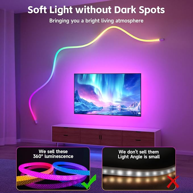 LED Rope Lights, 9.84ft Neon LED Lights Strip with 360 Degree Luminous, 5V USB Flexible IP67 Waterproof Music Sync Remote APP Control Gaming Lights Accessories for Bedroom Outdoor Décor