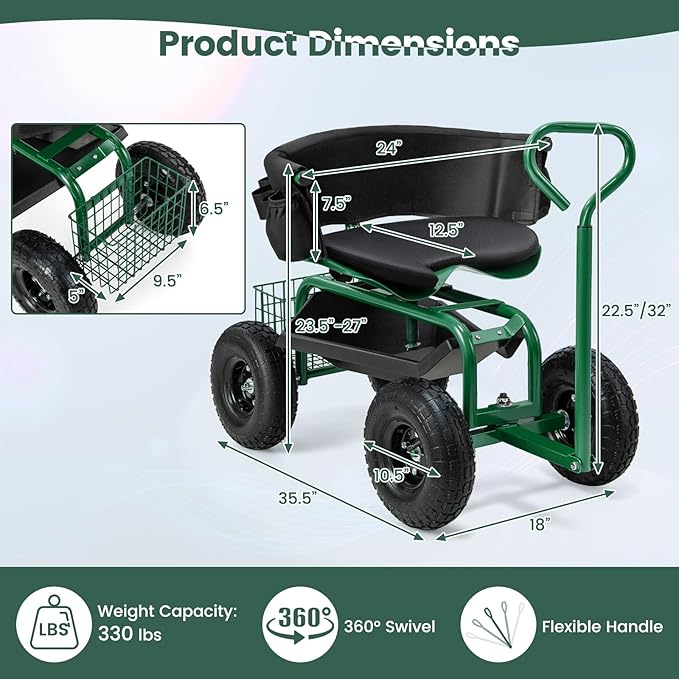 Goplus Garden Seat with Wheels, Rolling Gardening Stool with Adjustable 360° Swivel Seat, Tool Tray & Storage Basket, Extendable Handle, Outdoor Gardening Scooter, Garden Cart Workseat for Seniors