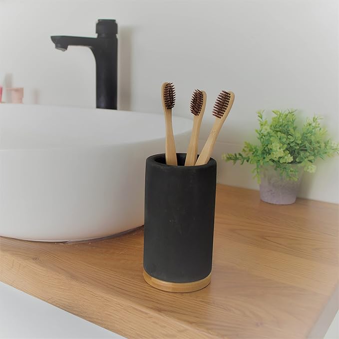 Matani Bamboo Toothbrush Holder Diatomite Tooth Brush Organizer - Storage Stand for Small Bathroom & Counter - Removable Base & Drain Holes, Water-Absorbent & Quick-Drying (Off White & Black)
