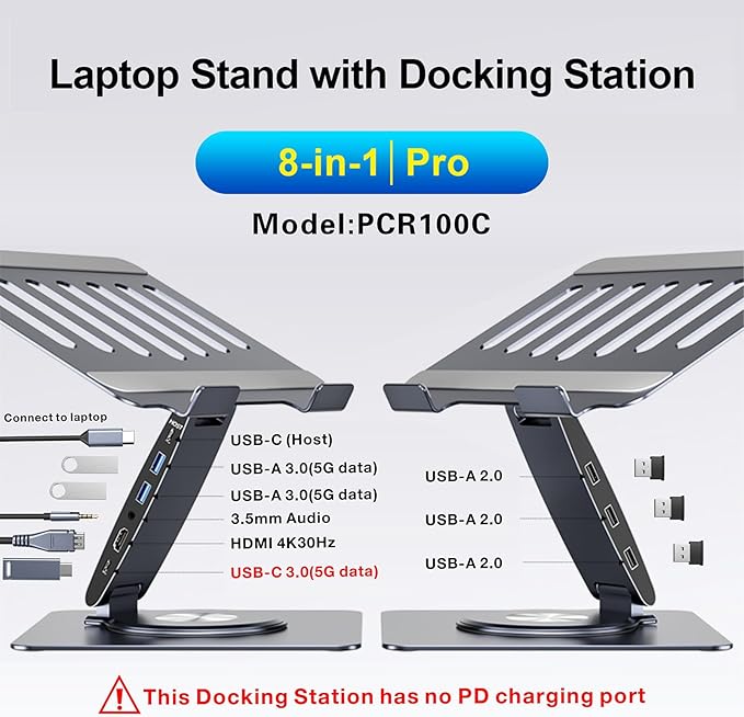 Laptop Docking Station Stand Dual Display 4K HDMI USB3.0 3.5mm Audio Jack 8-IN-1 360° Swivel Laptop Stand for Desk with USB-C Hub Multiport Adapter Universal for MacBook Pro/Air/Dell/HP/Surface/Lenovo
