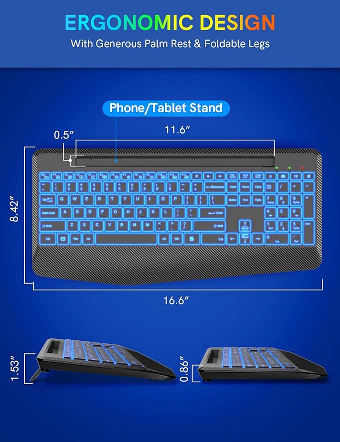Wireless Keyboard with 7 Colored Backlits, Wrist Rest, Phone Holder, Rechargeable Ergonomic Computer Keyboard with Silent Keys, Full Size Lighted Keyboard for Windows, MacBook, PC, Laptop (Black)