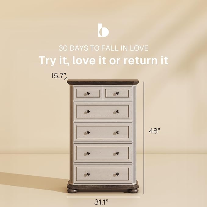 BELLEZE 48" Drawer Dresser Chest with 5 Drawers, Rustic Tall Wooden Bedside Storage Cabinet Farmhouse Clothes Organizer for Bedroom or Living Room, Antique White