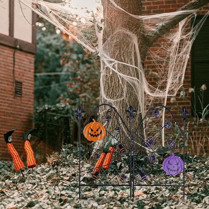 hogardeck Halloween Decorations Outdoor, Spider Web Styled Metal Fence Decorative Garden Stakes with Ghost Face Pumpkins for Halloween Decor, Spider Yard Signs for Outside Garden Lawn Porch Party